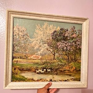 Vintage Scenic Landscape Painting with White Frame